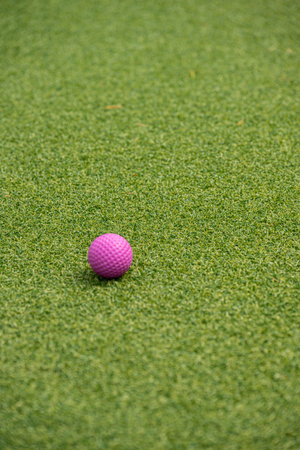 Purple miniature golf ball on synthetic grassの写真素材