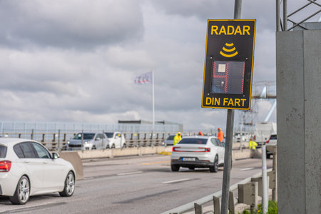 Gothenburg, Sweden - May 20 2021: Traffic speed radar installed by road works on Ã„lvsborgsbron.