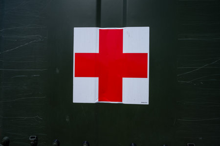 Gothenburg, Sweden - June 03 2023: Red cross symbol on a military ambulanceのeditorial素材
