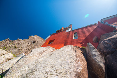Sintra, Portugal - July 23 2016: Looking up the red walls of castle Penaのeditorial素材