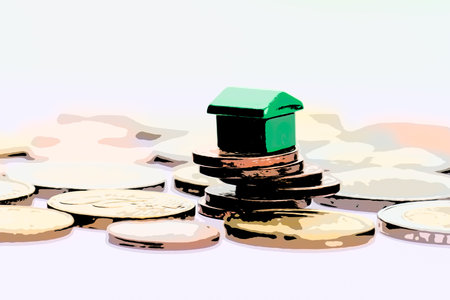 Green toy house on instable stack of coins symolizing bad economyの写真素材