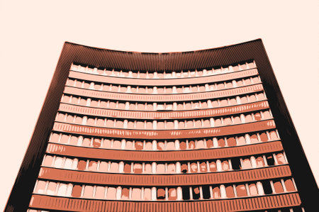 Orange and curved multistorey apartment housesの写真素材