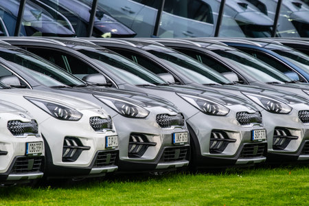 Gothenburg, Sweden - October 14 2023: Front of Kia cars at a dealershipのeditorial素材