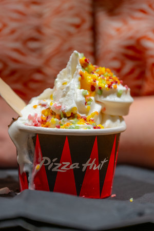 Gothenburg, Sweden - July 22 2023: Ice cream bucket at Pizza Hutのeditorial素材