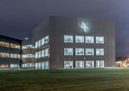 Gothenburg, Sweden - november 25 2021: Office lights on at Polestar HQ cube on a dark eveningのeditorial素材