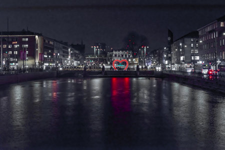 Gothenburg, Sweden - december 17 2019: Evening view over Hamnkanalen and Lejontrappan in central Gothenburg. Light installation of a big red heart in the centre,のeditorial素材