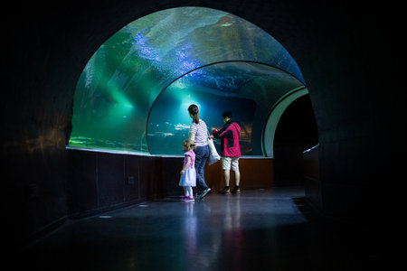 Gothenburg, Sweden - August 20 2023: Tunnel through a fish tank at science centre Universeumのeditorial素材