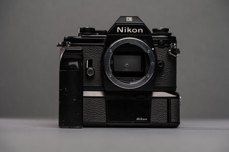 Gothenburg, Sweden - October 11 2023: Front of a Nikon EM film SLR camera with winderのeditorial素材