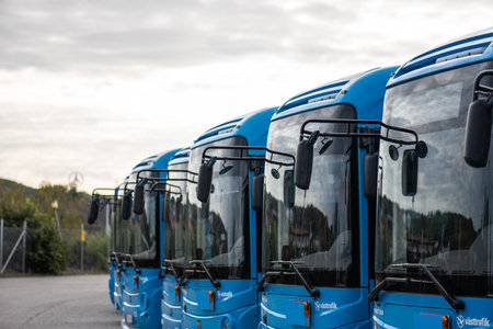 Gothenburg, Sweden - september 24 2023: Row of blue electric busesのeditorial素材