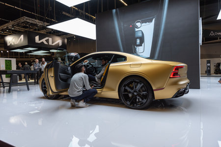 Gothenburg, Sweden - december 05 2021: Golden Polestar 1 hybrid electric sports car on display.