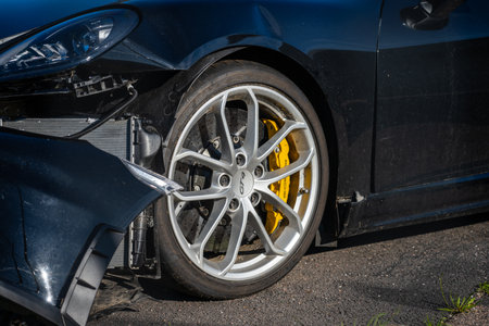Gothenburg, Sweden - October 08 2023: Damaged front of a Porsche 718 GT4 sports carのeditorial素材
