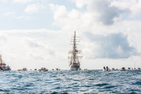 Lindesnes, Norway - August 08 2021: Sail training vessel Statsraad Lehmkuhl departing B?ly.