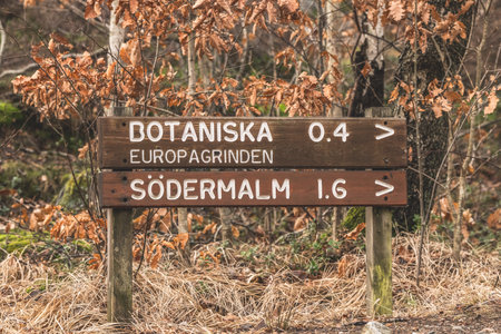 Gothenburg, Sweden - February 25 2024: Signs showing distances by a forest pathのeditorial素材