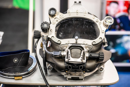 Gothenburg, Sweden - February 11 2024: Technical diving helmet on display