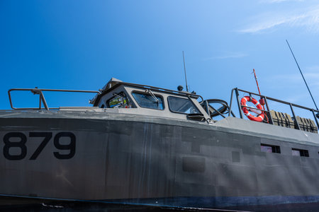 Gothenburg, Sweden - June 03 2023: Looking up the side of a swedish CB90 fast assault craft