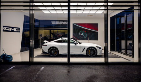 Gothenburg, Sweden - February 18 2024: White 2024 Mercedes-AMG GT Coupe: in a showroomのeditorial素材
