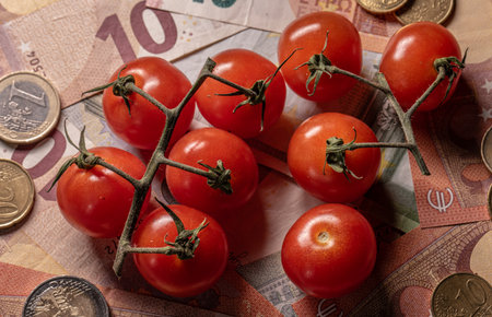 Tomato and money symbolizing food costの写真素材