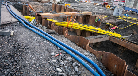 Gothenburg, Sweden - February 25 2024: Dug out utilities ditch for water heating and electrical mainsのeditorial素材