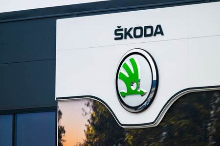 Gothenburg, Sweden - March 01 2024: Skoda logo on the facade of a car dealershipのeditorial素材