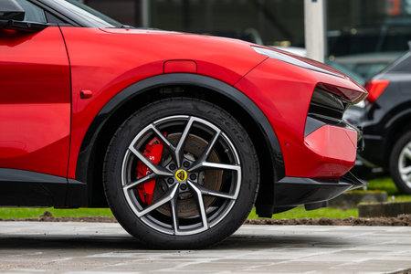 Gothenburg, Sweden - March 01 2024: Red 2024 Lotus Eletre electric SUV cars on displayのeditorial素材