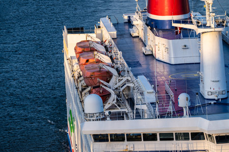 Gothenburg, Sweden - March 05 2024: Top deck of a large ferry arriving portのeditorial素材