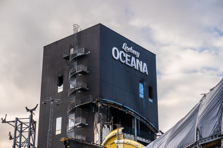 Gothenburg, Sweden - February 24 2024: Remains of Liseberg Oceana water park after the fire