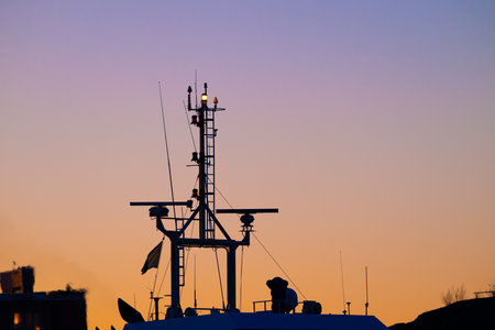 Gothenburg, Sweden - March 07 2024: Top mast of a freight shipのeditorial素材