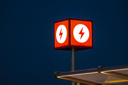 Gothenburg, Sweden - February 29 2024: Sign box signalling the location of electric vehicle chargerのeditorial素材