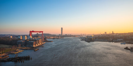 Gothenburg, Sweden - March 04 2024: Early morning view of Gothenburg harbour and skylineのeditorial素材