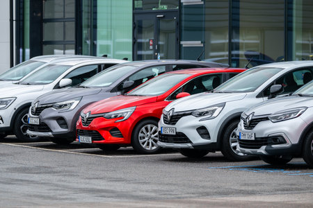 Gothenburg, Sweden - March 01 2024: Row of grey and red Renault cars for saleのeditorial素材