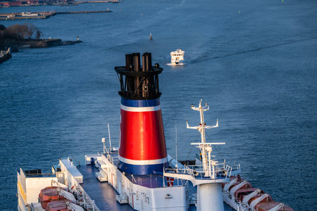 Gothenburg, Sweden - March 05 2024: Funnel and mast of a large ferryのeditorial素材