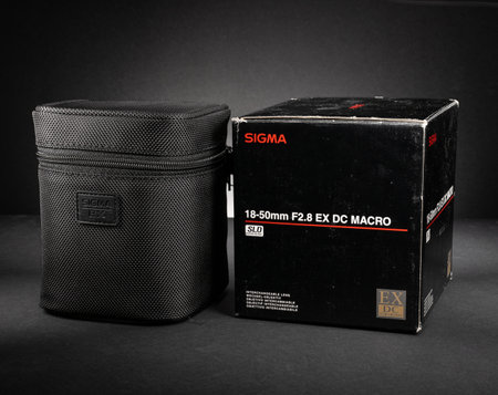 Gothenburg, Sweden - February 25 2024: Sigma 18-50mm photographic DSLR lens case and boxのeditorial素材