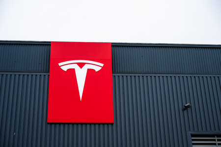 Stockholm, Sweden - March 09 2024: Tesla logo on the facade of a large workshop