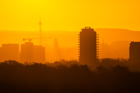 Gothenburg, Sweden - March 07 2024: City silhouette on a golden sunrise morningのeditorial素材