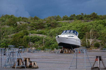 Lonely laid up boat at a marina lay up siteの写真素材