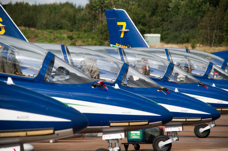 Gothenburg, Sweden - August 29 2010: Frecce Tricolori display team lined up on an airfieldのeditorial素材
