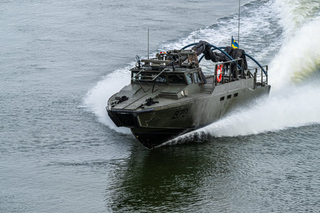 Gothenburg, Sweden - March 24 2024: Swedish Navy Stridsb?t 90 H Combat Boat 90 at speed on a training missionのeditorial素材