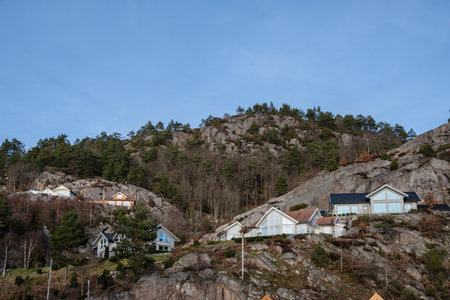 Houses built on a steep cliffsideの写真素材