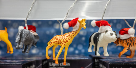 Toy animals with santa hatsの写真素材