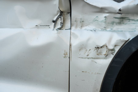 Badly crashed side of a white carの写真素材