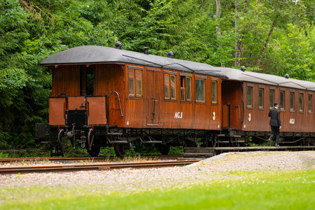 Vintage wooden train carriages moving through a forest trackの写真素材