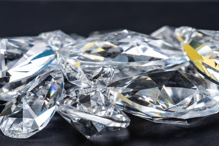 Glass crystals on a grey table.