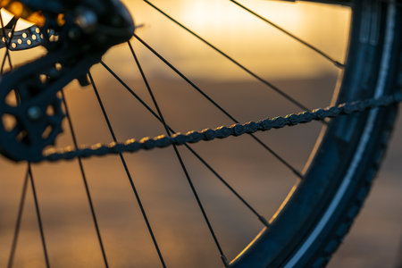 Close-up of bicycle chain with warm sunset light