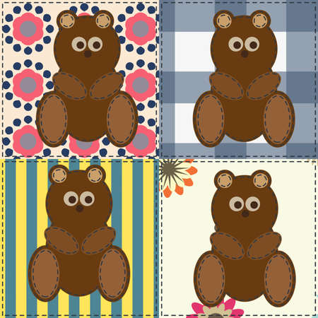Patchwork pattern with bear. Vintage cottage style. Retro vintage style for you design. vectorのイラスト素材