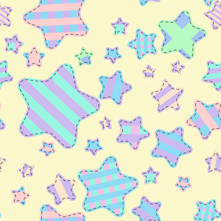 Fairytale patchwork seamless pattern with stars, flowers and ornamental patches. Print for baby fabric. New nice styleのイラスト素材