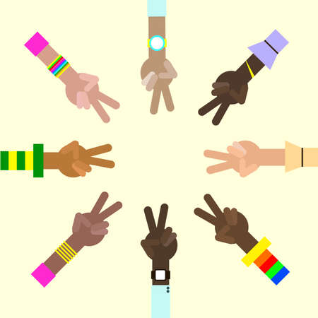 A hands are showing two fingers. Peace sign.Trendy retro cartoon stickers. multiculture group