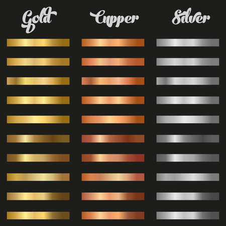Gold rose, bronze, silver and gold foil texture gradation background set. Vector golden elegant, shiny and metallic gradient collection for chrome border, frame, ribbon, label designのイラスト素材