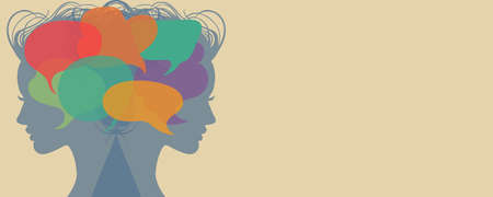 People avatars with speech bubbles. Men and women communication, talking illustration. Coworkers,...