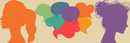 People avatars with speech bubbles. Men and women communication, talking illustration. Coworkers, team, thinking, question, idea, brainstorm concept.のイラスト素材