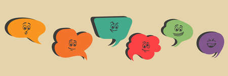 People avatars with speech bubbles. Men and women communication, talking illustration. Coworkers, team, thinking, question, idea, brainstorm concept.のイラスト素材